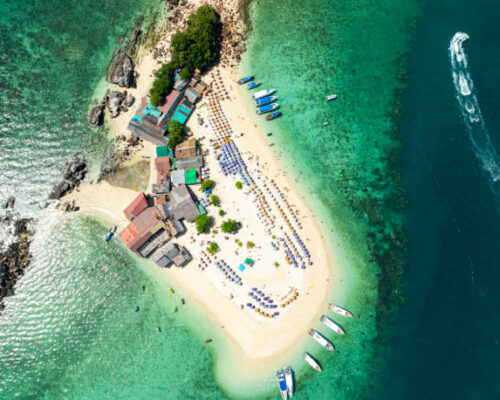 Aerial view drone shot of Amazing small island beautiful tropical sandy beach landscape view at koh Khai Island in Phang Nga Thailand